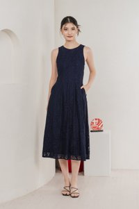Fortress Lace Panelled Midi Dress In Navy