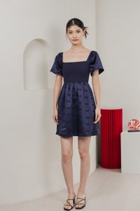 Marcelle Mixed Fabric Ribbon Texture Dress In Navy