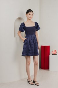 Marcelle Mixed Fabric Ribbon Texture Dress In Navy