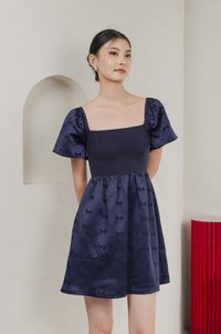 Marcelle Mixed Fabric Ribbon Texture Dress In Navy
