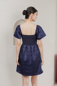 Marcelle Mixed Fabric Ribbon Texture Dress In Navy