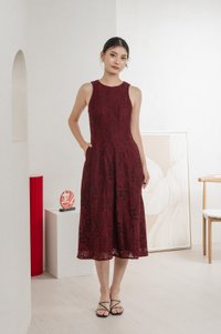 Fortress Lace Panelled Midi Dress In Wine