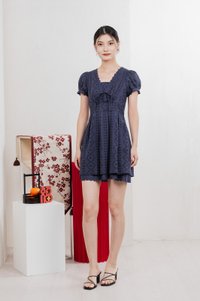 Rosewood Eyelet Ribbon Pleated Dress In Navy