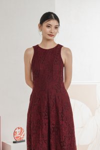 Fortress Lace Panelled Midi Dress In Wine