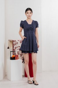 Rosewood Eyelet Ribbon Pleated Dress In Navy