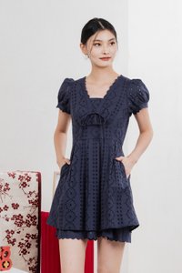 Rosewood Eyelet Ribbon Pleated Dress In Navy