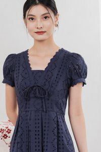 Rosewood Eyelet Ribbon Pleated Dress In Navy