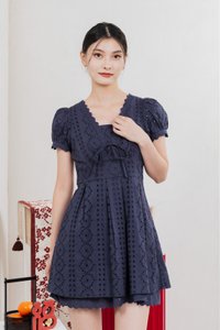 Rosewood Eyelet Ribbon Pleated Dress In Navy