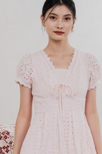 Rosewood Eyelet Ribbon Pleated Dress In Baby Pink