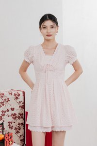 Rosewood Eyelet Ribbon Pleated Dress In Baby Pink