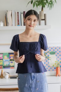 Poselle Textured Ribbon Ruched Top In Navy