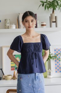 Poselle Textured Ribbon Ruched Top In Navy