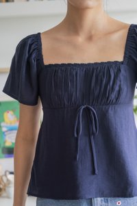 Poselle Textured Ribbon Ruched Top In Navy