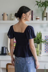 Poselle Textured Ribbon Ruched Top In Navy