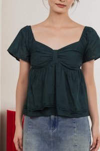 Paola Eyelet Bow Babydoll Top In Emerald