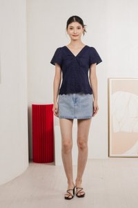 Drisella Floral Eyelet Top In Navy