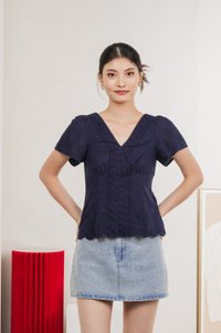 Drisella Floral Eyelet Top In Navy