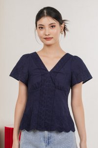 Drisella Floral Eyelet Top In Navy