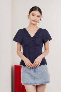Drisella Floral Eyelet Top In Navy