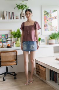 Poselle Textured Ribbon Ruched Top In Mauve