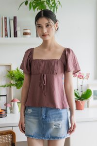 Poselle Textured Ribbon Ruched Top In Mauve