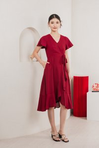 Rylan Faux Wrap Midi Dress In Wine Red
