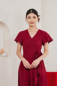 Rylan Faux Wrap Midi Dress In Wine Red