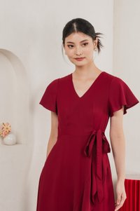 Rylan Faux Wrap Midi Dress In Wine Red