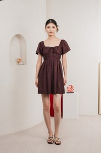 Obsidia Tencel Ruched Ribbon Dress In Burgundy