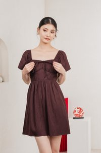Obsidia Tencel Ruched Ribbon Dress In Burgundy