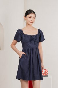 Obsidia Tencel Ruched Ribbon Dress In Navy