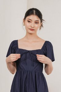 Obsidia Tencel Ruched Ribbon Dress In Navy