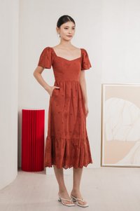Brinia Ribbon Eyelet Sweetheart Midi Dress In Rust