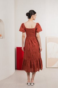 Brinia Ribbon Eyelet Sweetheart Midi Dress In Rust