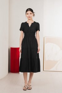 Cordelia V Neck Tiered Midi Dress In Black