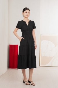 Cordelia V Neck Tiered Midi Dress In Black