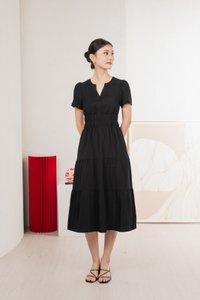 Cordelia V Neck Tiered Midi Dress In Black