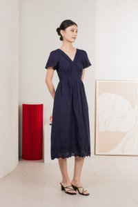 Drisella Eyelet Midi Dress In Navy
