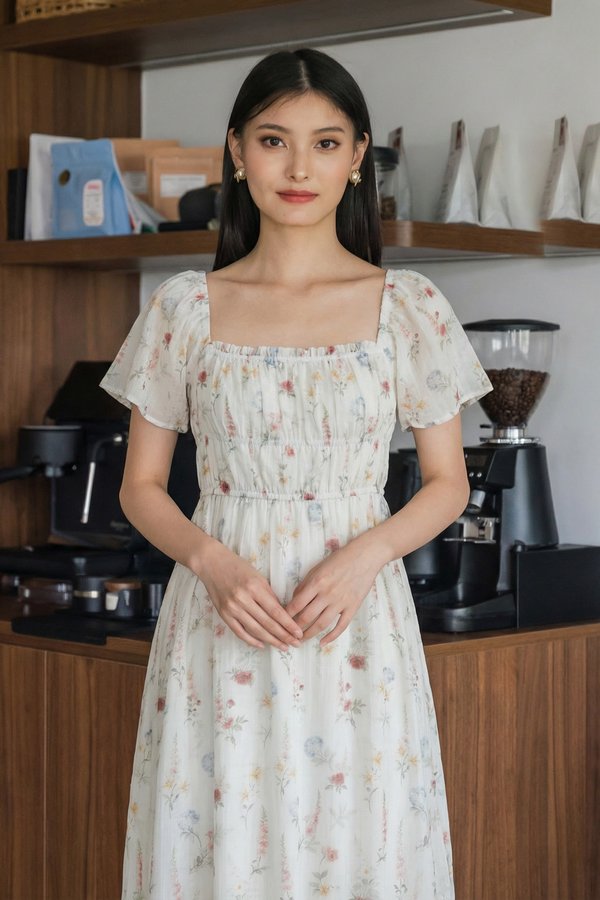 Soft Petals Ruched Midi Dress In White