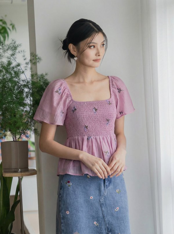 Cyra Floral Textured Smocked Top In Pink