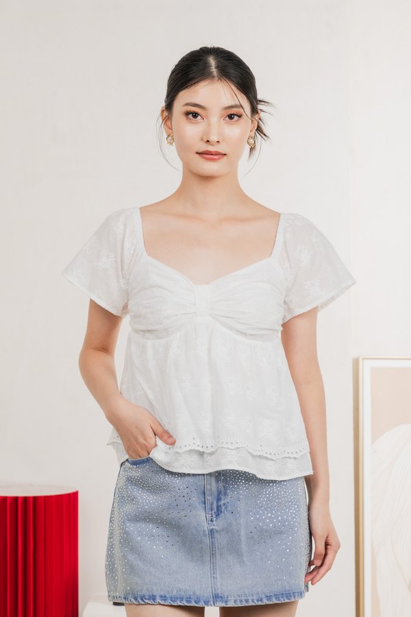 Paola Eyelet Bow Babydoll Top In White
