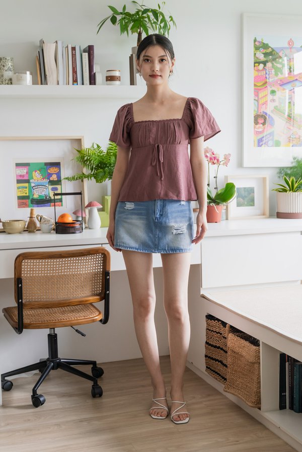 Poselle Textured Ribbon Ruched Top In Mauve