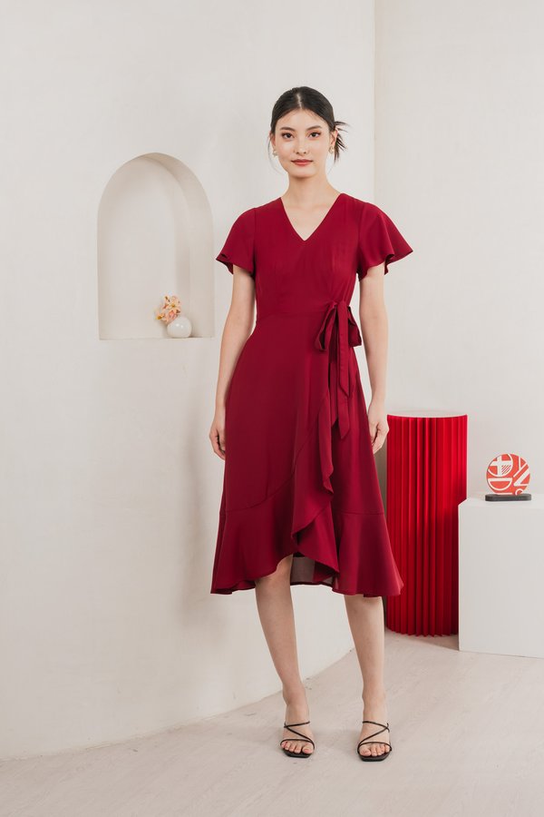 Rylan Faux Wrap Midi Dress In Wine Red