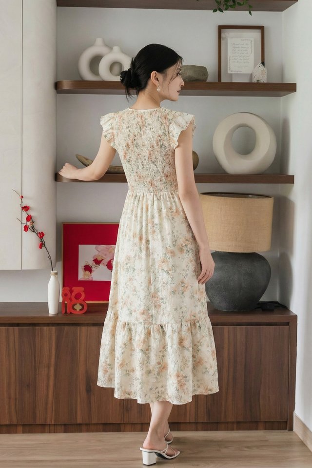 Cherish Vintage Smocked Ruffles Midi Dress