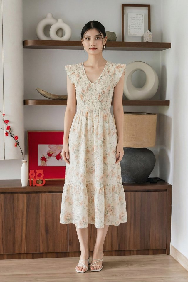 Cherish Vintage Smocked Ruffles Midi Dress