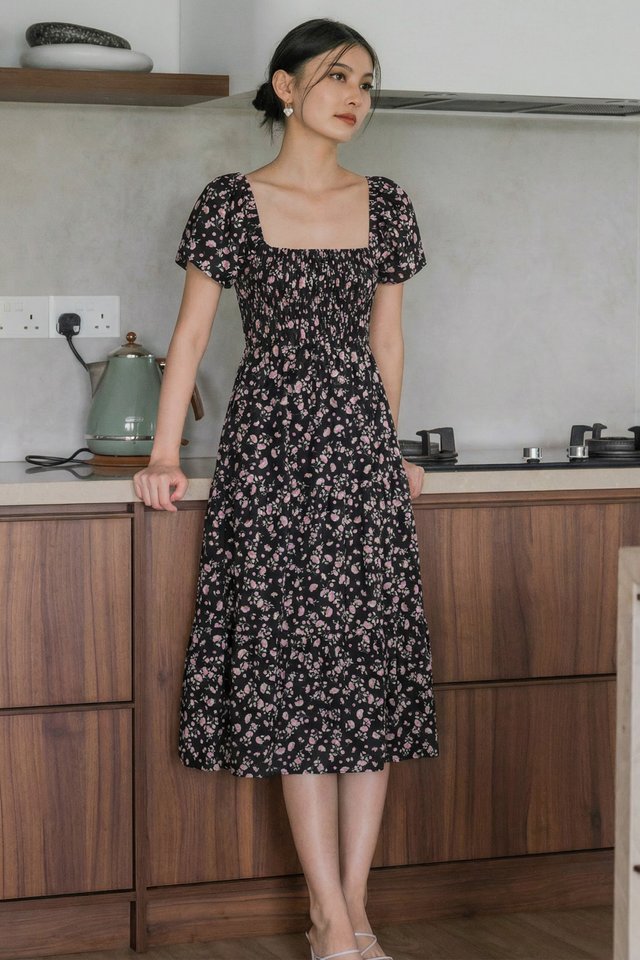 Florette Fleur Smocked Midi Dress In Black