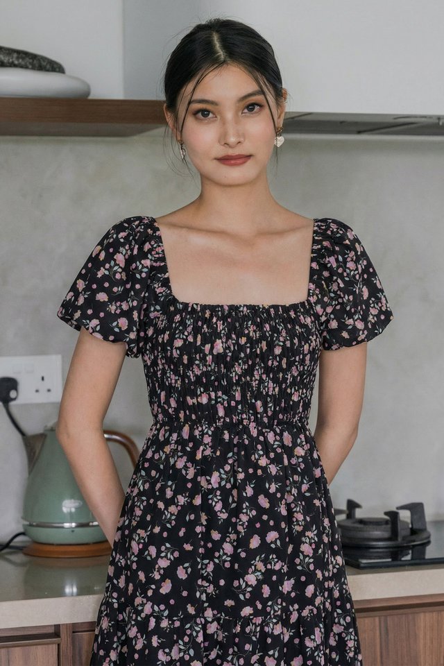Florette Fleur Smocked Midi Dress In Black