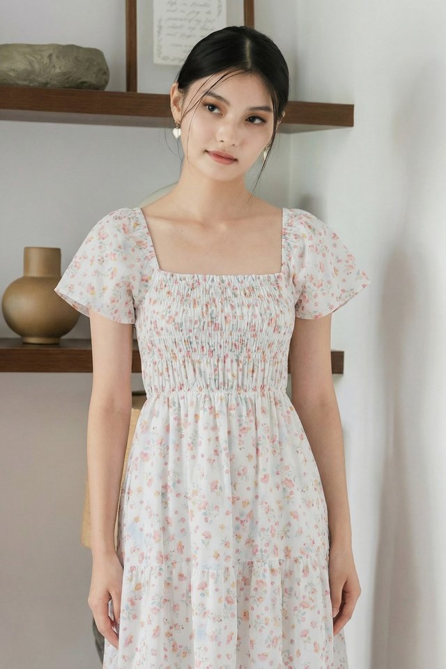 Florette Fleur Smocked Midi Dress In White
