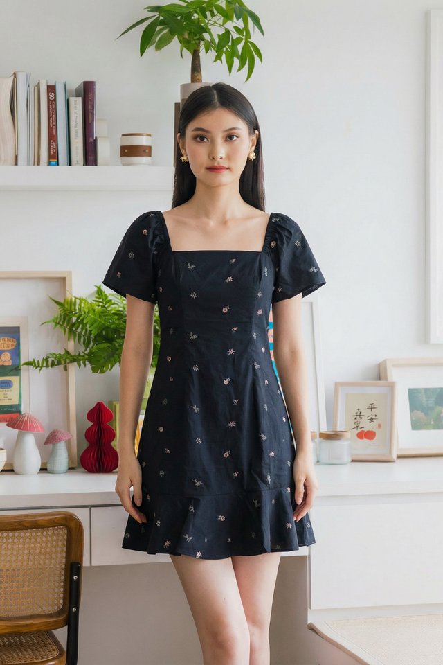 Sapphire Embroidery Dropwaist Dress In Navy