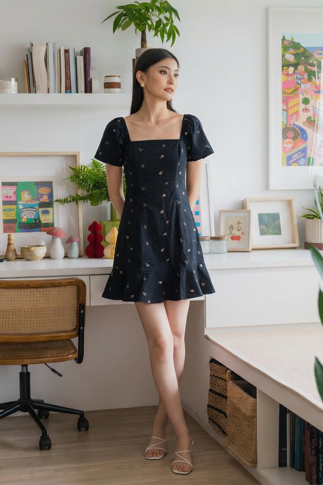 Sapphire Embroidery Dropwaist Dress In Navy
